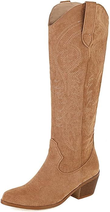 AMINUGAL Womens Embroidered Western Cowboy Boots Pointed Toe Pull On Wild Calf Chunky Heel Retro ... | Amazon (US)