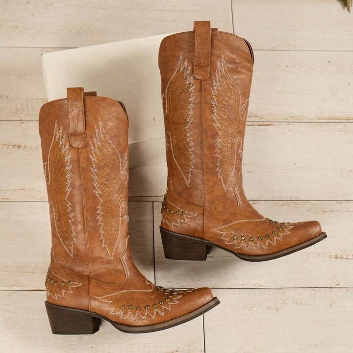 Women's Fashionable Retro Embroidery & Studs Decor Thick Heeled Pointed Toe Western Cowboy Boots | SHEIN
