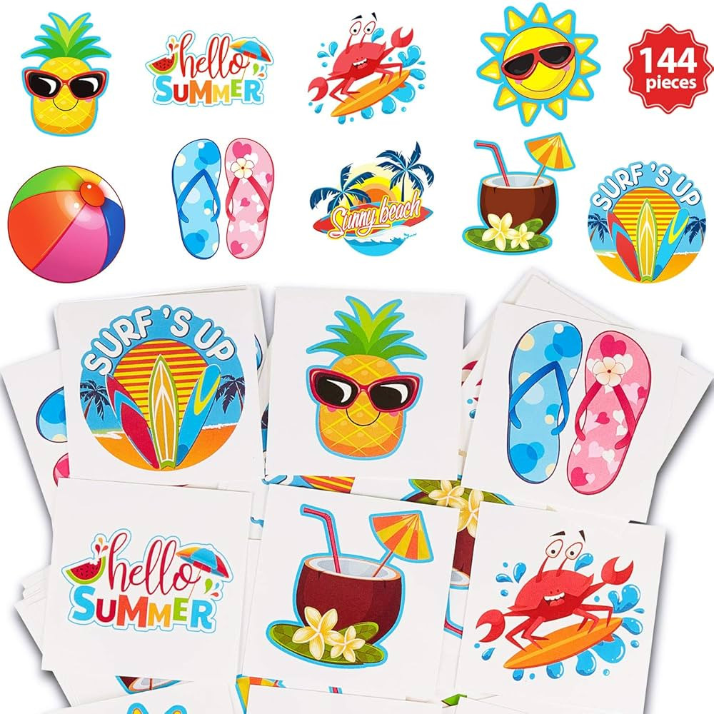 144 Pieces Kids Tattoo Summer Party Tattoo Hawaiian Luau Themed Tattoos Tropical Beach Tattoos Wa... | Amazon (US)