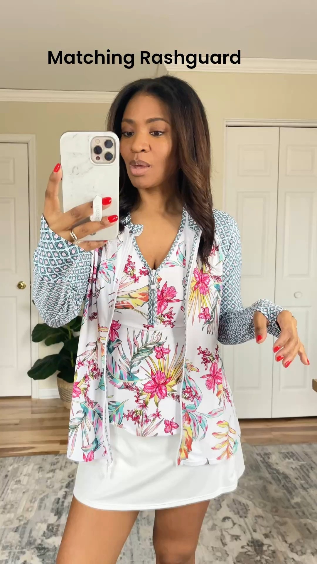 Linking my exact @beach2oceanswim products and sizing information! I’m wearing a size 6 in 
the “Beach House” skort. It runs TTS. The swim top is also a size 6. I recommend sizing up on 
that top. The rash guard I’m wearing is a medium which is fine, but a small would have also 
worked well. #beach2ocean #ad