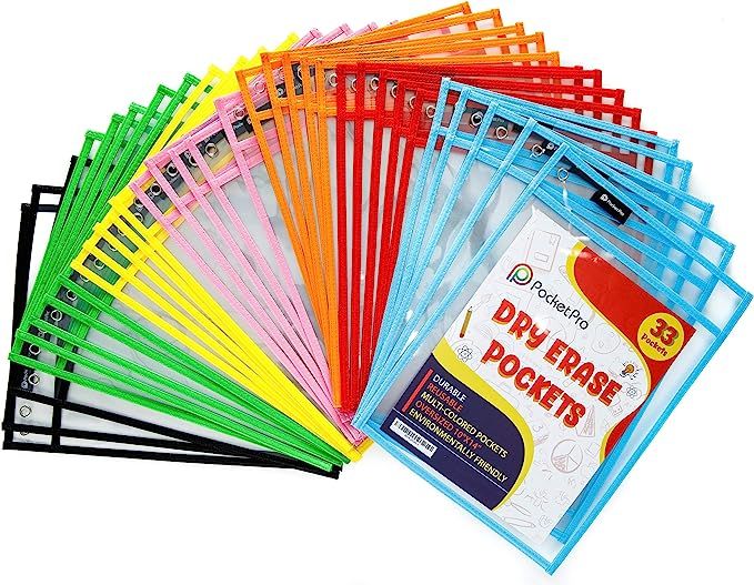 Pocket Pro 33 Dry Erase Pockets | Clear Plastic Reusable Sleeves | Multi-Colored Sheets | 10 x 14... | Amazon (US)