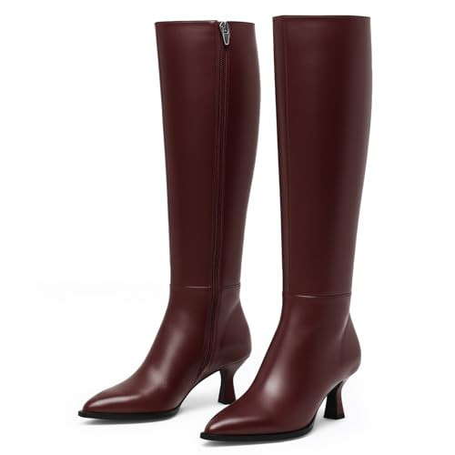 Lunhonk Burgundy Knee High Boots for Women Kiteen Heel Pointed Toe Tall Boot Low Heel Side Zipper Fall Dress Long Boots 9.5 | Amazon (US)