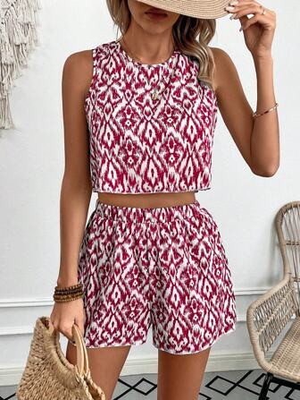 SHEIN VCAY Random print Oversized Shirt En Short set Met Schuin Zakken | SHEIN