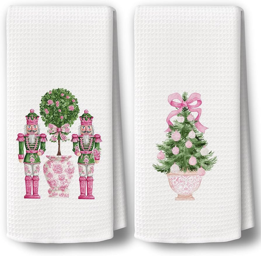 Chinoiserie Christmas Kitchen Towels Decor Set of 2 - Pink Christmas Tree Ball Holiday Hand Tea T... | Amazon (US)