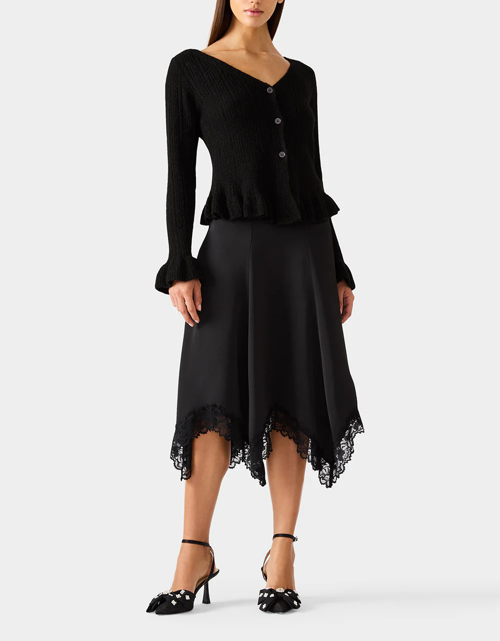 LACE SLIP MIDI SKIRT BLACK Women's Black Lace Midi Skirt | Betsey Johnson
