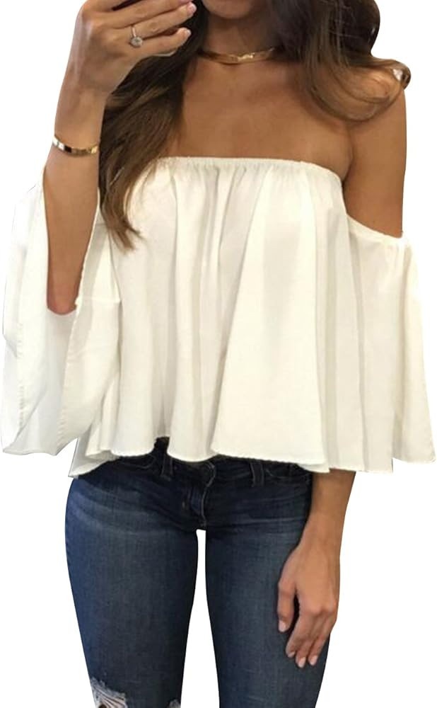 Women's Summer Off Shoulder Blouses Short Sleeves Sexy Tops Chiffon Ruffles Casual T Shirt | Amazon (US)