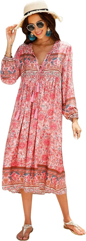 R.Vivimos Women's Long Sleeve Floral Print Retro V Neck Tassel Bohemian Midi Dresses | Amazon (US)