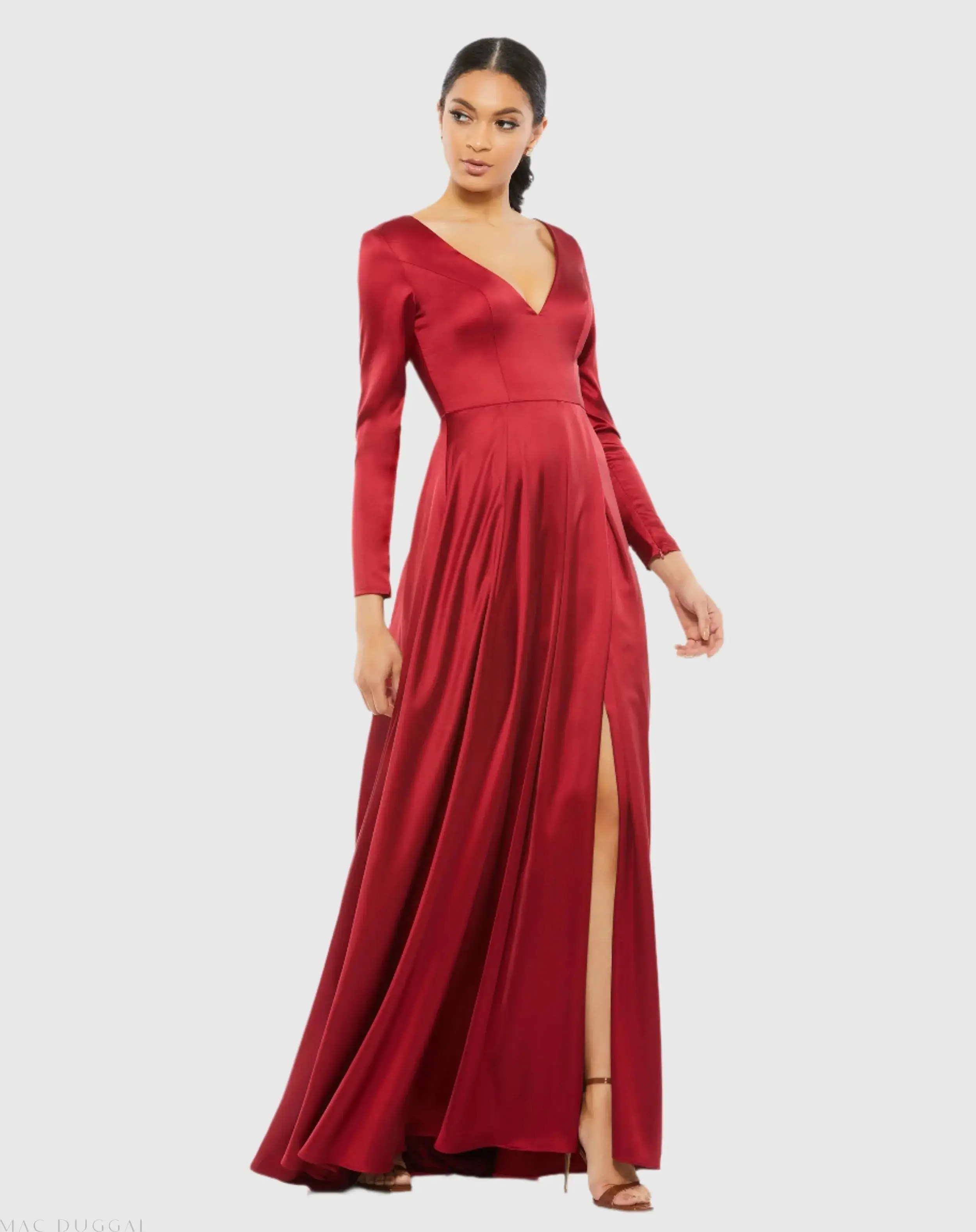 Red Satin V Neck Long Sleeve Pleated Gown | Mac Duggal | Mac Duggal