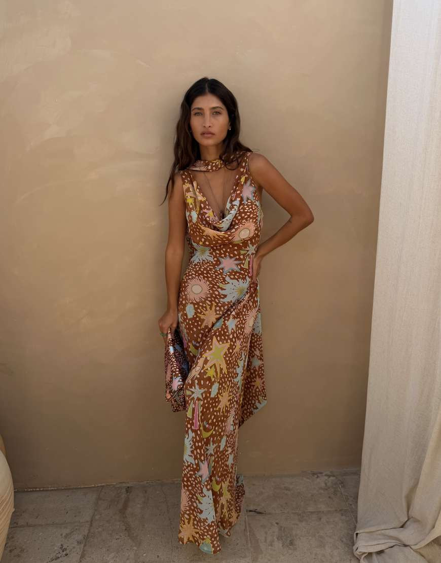 Never Fully Dressed chiffon cowl scarf neck maxi dress in deer star print-Brown | ASOS (Global)