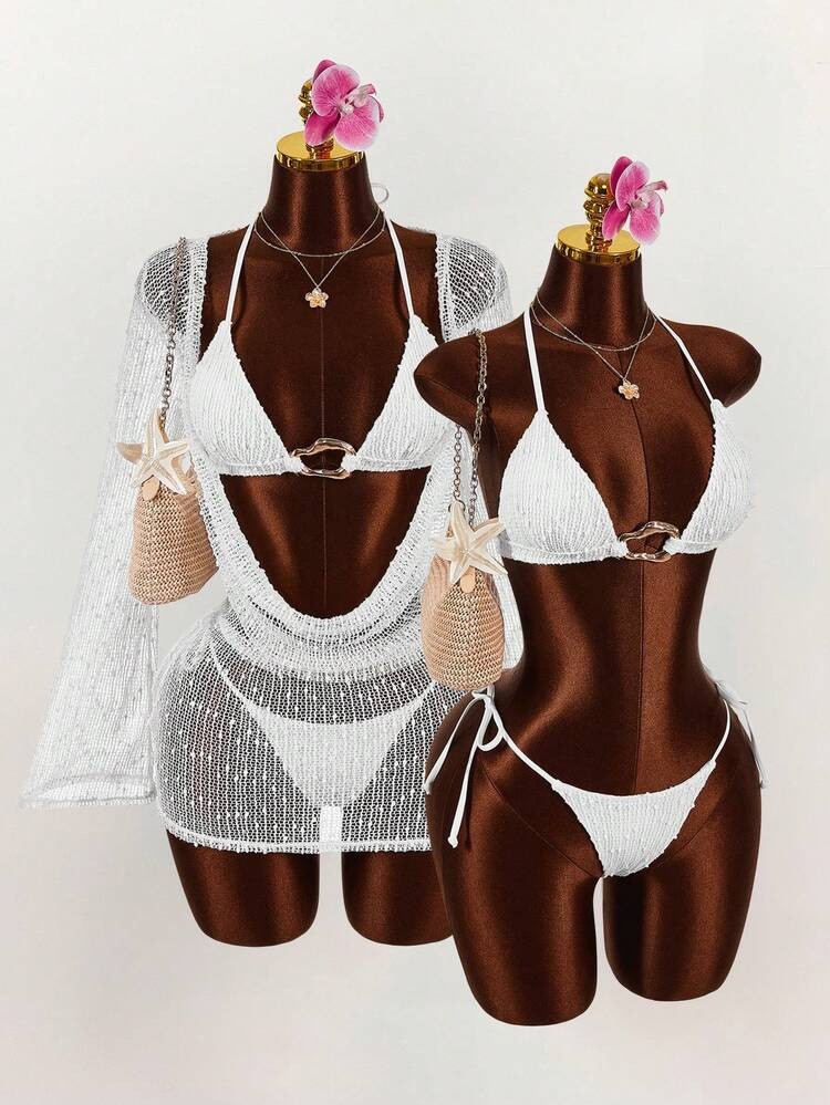 Amplova 3pcs Women's Sexy Halter Bikini Set - Top, Bottom, And Cover-Up Beach Vacation Outfits For Women | SHEIN
