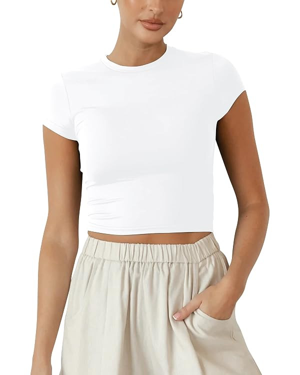BAIGRAM Women Slim Cap Sleeve Round Neck Crop Tee Tops Basic Cute Form Fitting Baby Tshirt Summer... | Amazon (US)