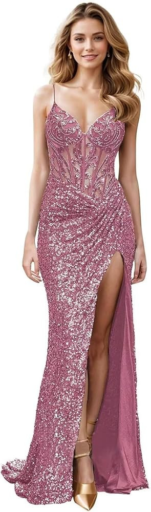 V Neck Sequin Prom Dresses Long 2026 for Women Mermaid Evening Party Gowns with Train Formal Dres... | Amazon (US)