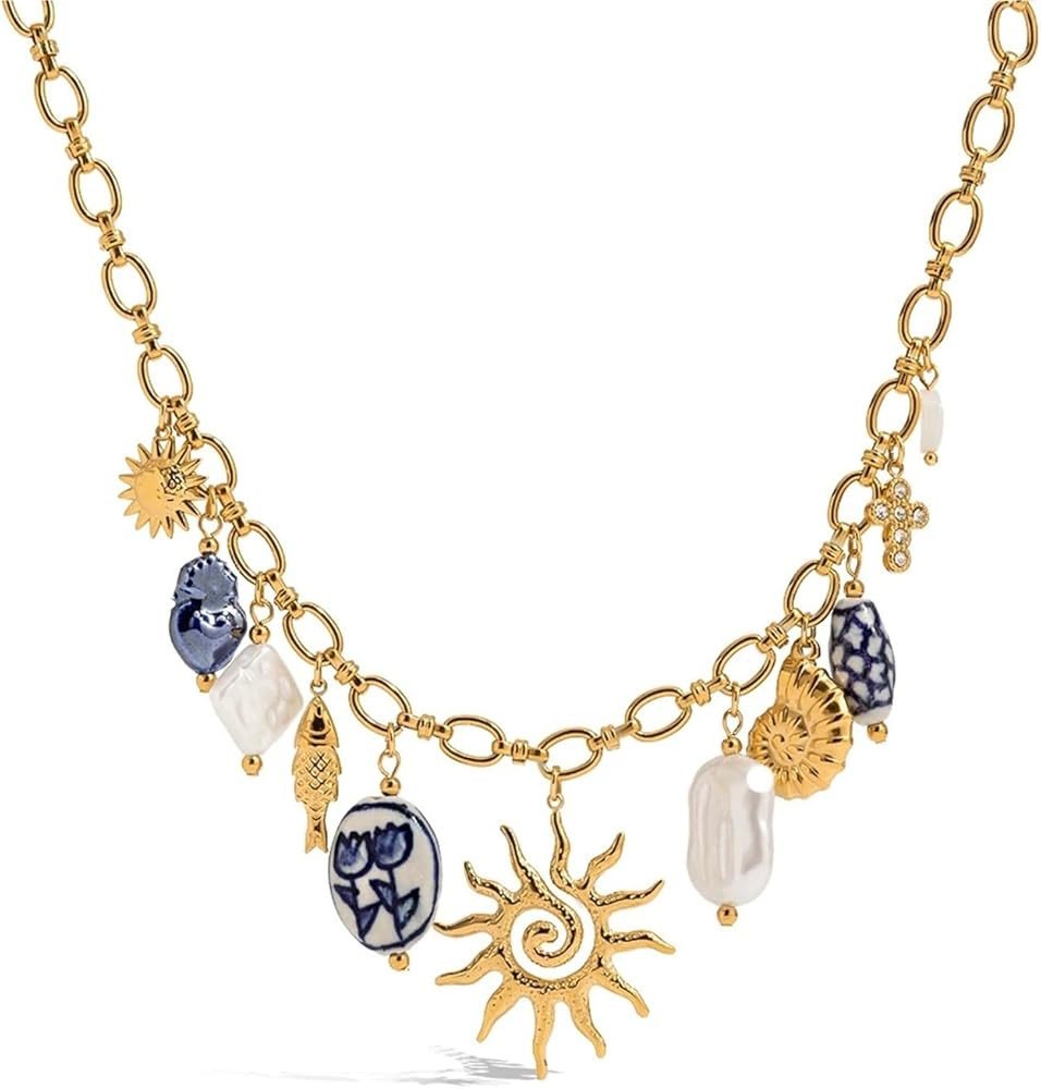 Minimalist Textured Conch Pearl Ceramics Charms Necklace For Women Stainless Steel Jewelry 1 Pcs | Amazon (US)