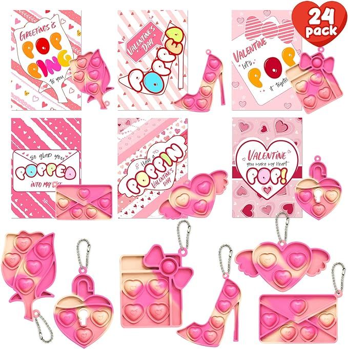 Valentines Day Gifts for Kids, Valentines Day Cards for Kids, 24 Mini Pop Fidget Toys Bulk Keycha... | Amazon (US)