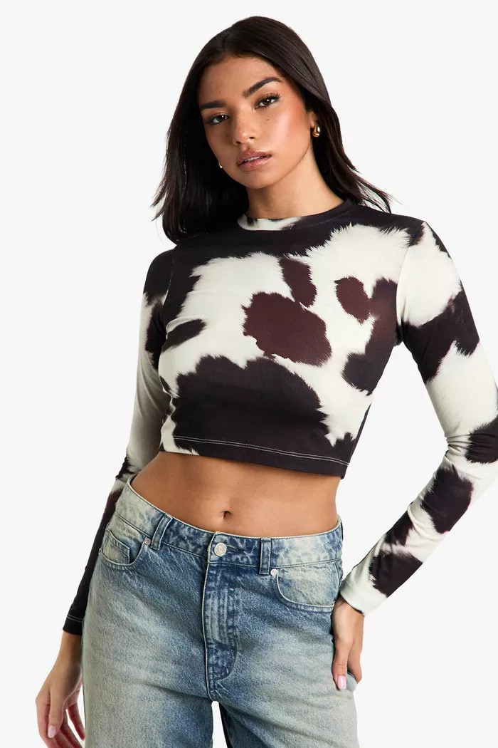 COW PRINT LONG SLEEVE TOP | boohoo (US & Canada)