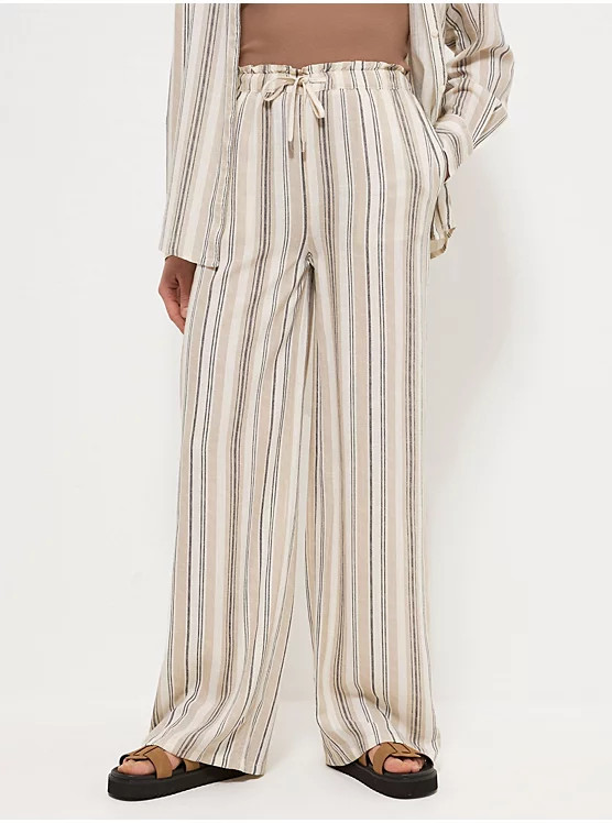 Taupe Striped Wide Leg Trousers with Linen | George