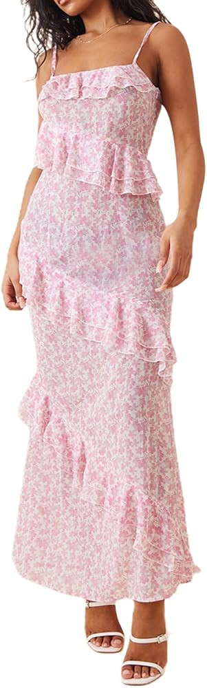 Women Spaghetti Straps Floral Maxi Dress Sleeveless Tiered Ruffle Long Dress Backless Slim Cami D... | Amazon (US)