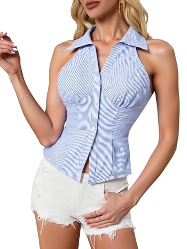 winkbay Women's Striped Ruched Button Down Shirt Collar V Neck Sleeveless Split Hem Going Out Blo... | Amazon (US)