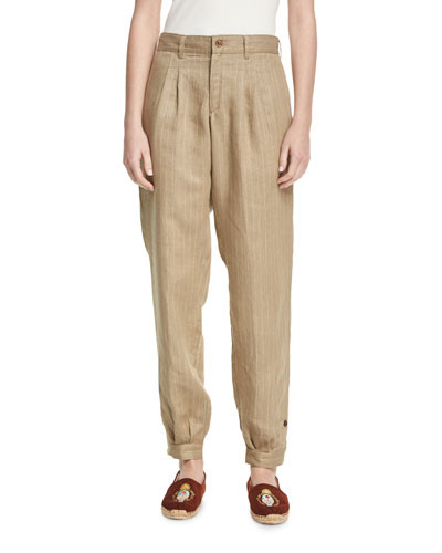 Pinstriped Linen Carpenter Pants, Brown/White | Bergdorf Goodman