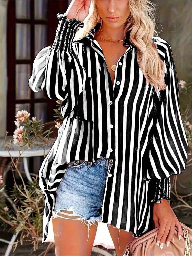 Plus Size Women Striped Washed Vintage Style Loose Casual Lantern Sleeve Shirt | SHEIN
