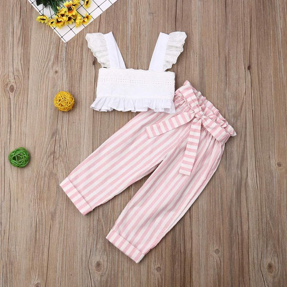 sweetyhouse Toddler Baby Girls 2Pcs Set,Kids Ruffle Vest Crop Tops+Floral Wide Leg Pants Summer O... | Amazon (US)