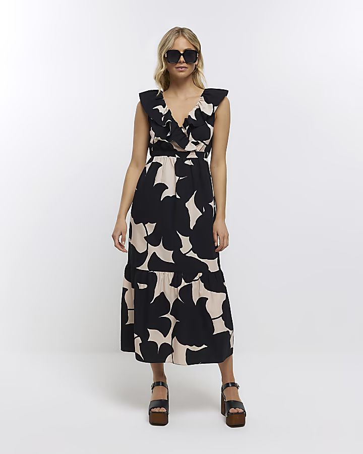 Black print v-neck frill maxi dress | River Island (UK & IE)
