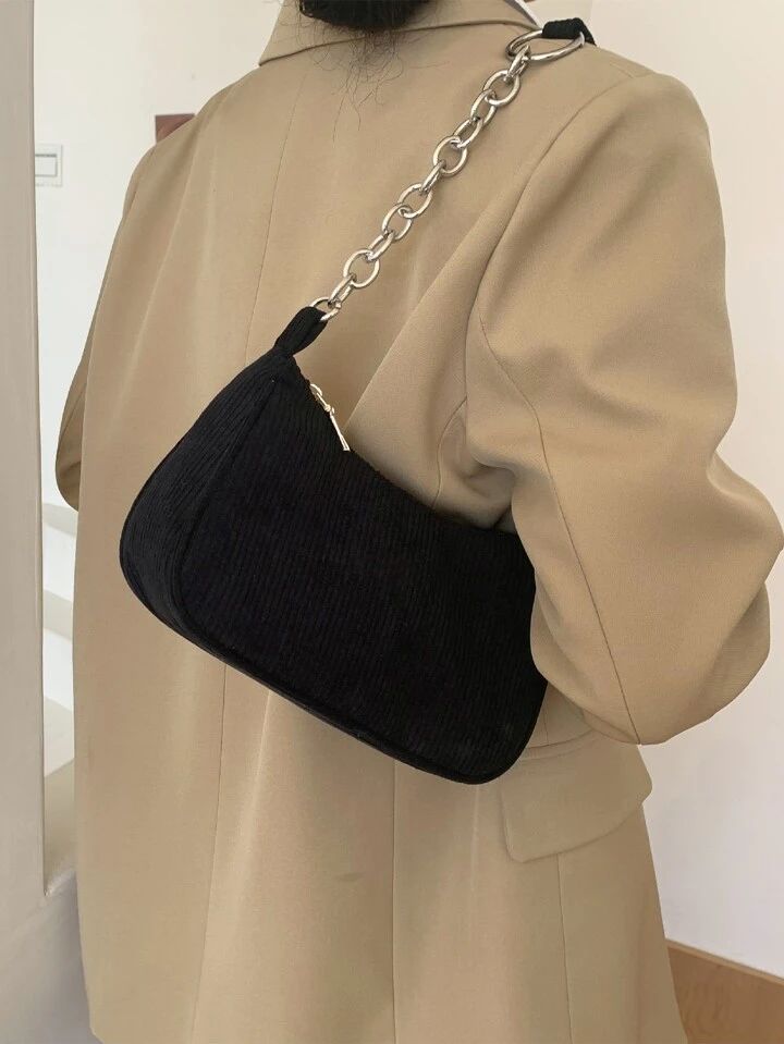 Corduroy Shoulder Chain Baguette Bag | SHEIN