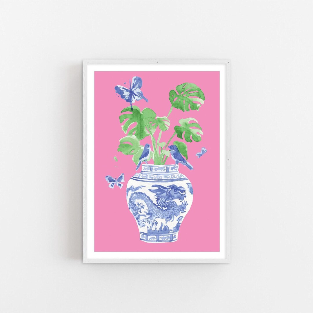 Ginger Jar Blue and White Watercolor Art Print Grandmillenial Chinoiserie Monstera Print Traditio... | Etsy (US)