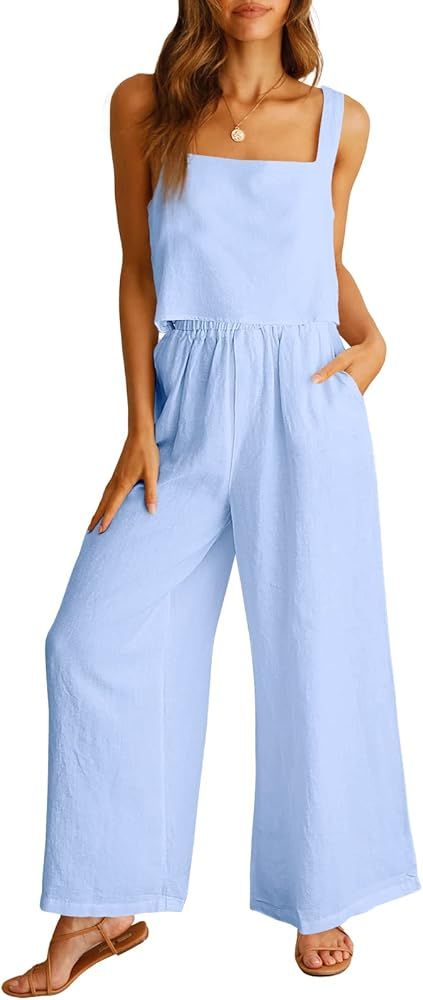 ANRABESS Women's 2 Piece Outfits Linen Pants Jumpsuit Matching Lounge Set Casual Summer Beach Vac... | Amazon (US)