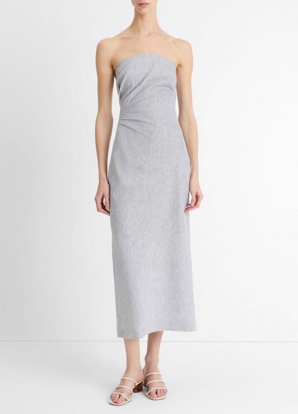 Women's Ticking Stripe Linen-cotton Draped Dress, Iris Slate/off White, Size 6 Vince | Vince LLC