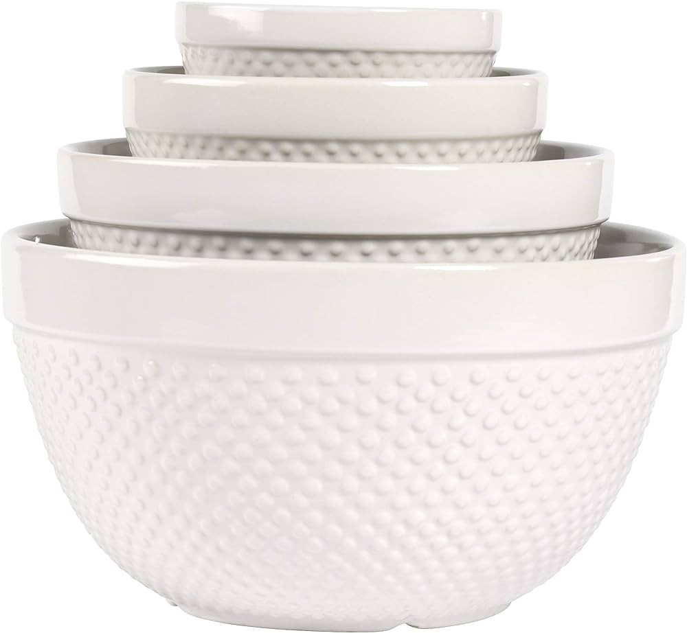 Tabletops Gallery Hobnail Style 4 Piece Classic White Stoneware Nesting Mixing Bowl Set for Bakin... | Amazon (US)