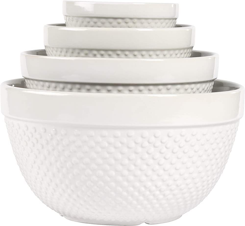 Tabletops Gallery Hobnail Style 4 Piece Classic White Stoneware Nesting Mixing Bowl Set for Bakin... | Amazon (US)