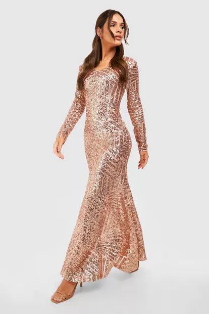 Boutique Sequin Long Sleeve Maxi Bridesmaid Dress | Boohoo.com (US & CA)