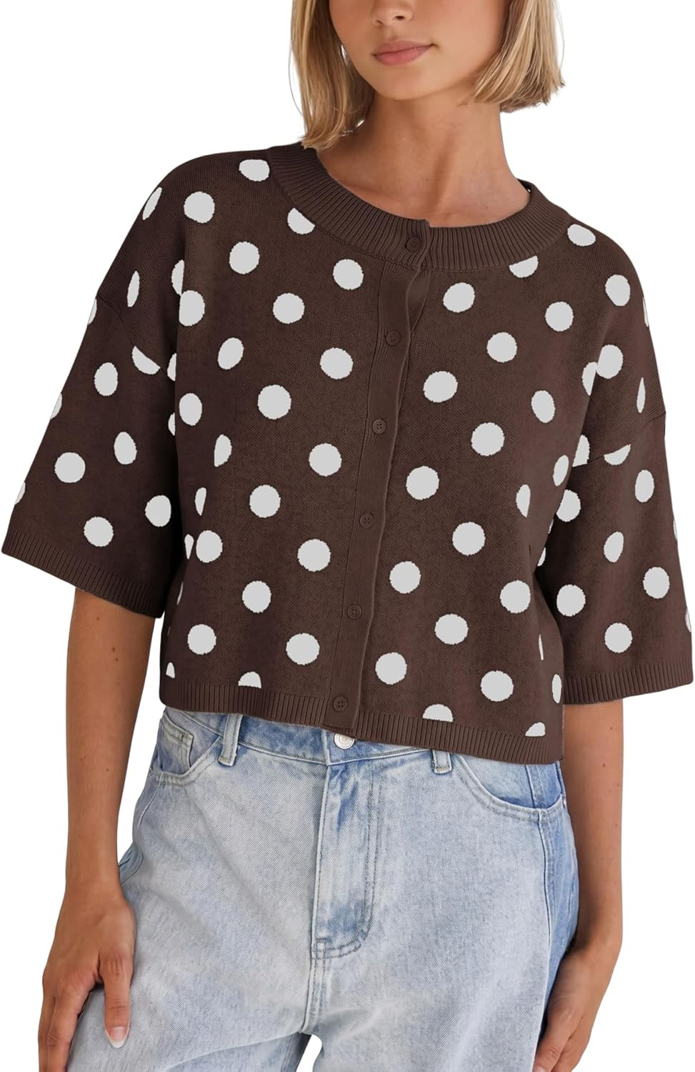 Daacee Women's Cropped Polka Dot Cardigan Casual Short Sleeve Sweater Top | Amazon (US)