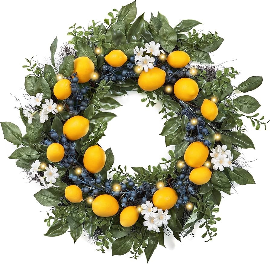 Valery Madelyn Spring Artificial Lemon Wreaths for Front Door with Lights, Floral Daisy Farmhouse... | Amazon (US)