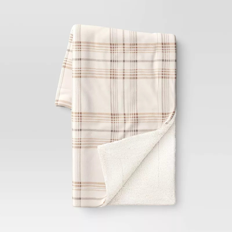 Plaid Printed Plush Christmas Throw Blanket with Faux Shearling Reverse Ivory/Gray - Threshold... | Target