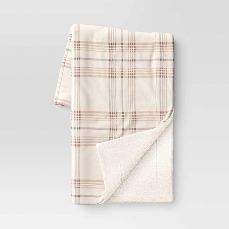 Plaid Printed Plush Christmas Throw Blanket with Faux Shearling Reverse Ivory/Gray - Threshold&#8... | Target