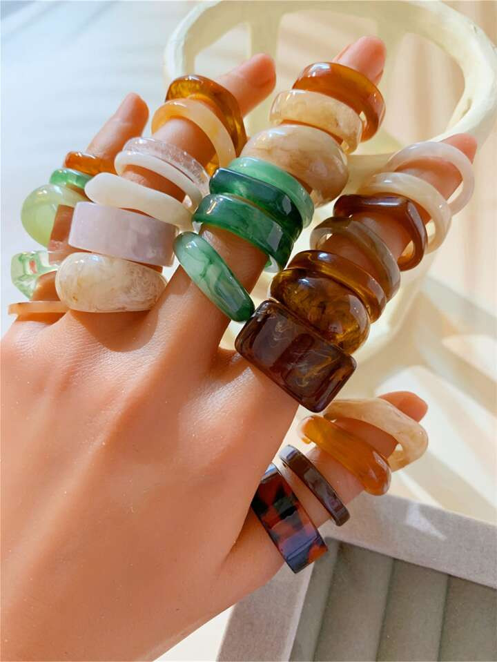 30pcs/set Wide Translucent Tie-dye Resin Chunky Ring Set Irregular Open Rings | SHEIN