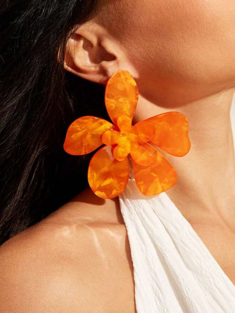 Oversized Orange Resin Flower Earrings For Women, Vacation Style Sweet & Spicy Earrings, Lightwei... | SHEIN