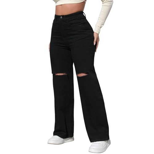 LONGBIDA Womens High Waist Ripped Straight Wide Leg Baggy Jeans Y2k Boyfriend Distressed Loose Denim Pants(Black,M) | Amazon (US)