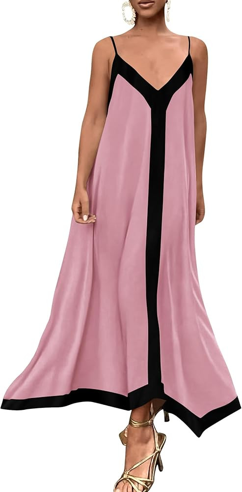 PRETTYGARDEN Women's 2024 Elegant Summer Dress V Neck Spaghetti Strap Flowy Maxi Cocktail Party D... | Amazon (US)