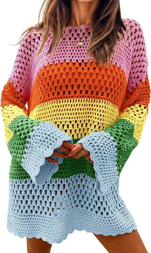 Langwyqu Womens Crochet Swimsuit Coverup Long Sleeve Color Block Bathing Suit Cover Ups Summer Be... | Amazon (US)