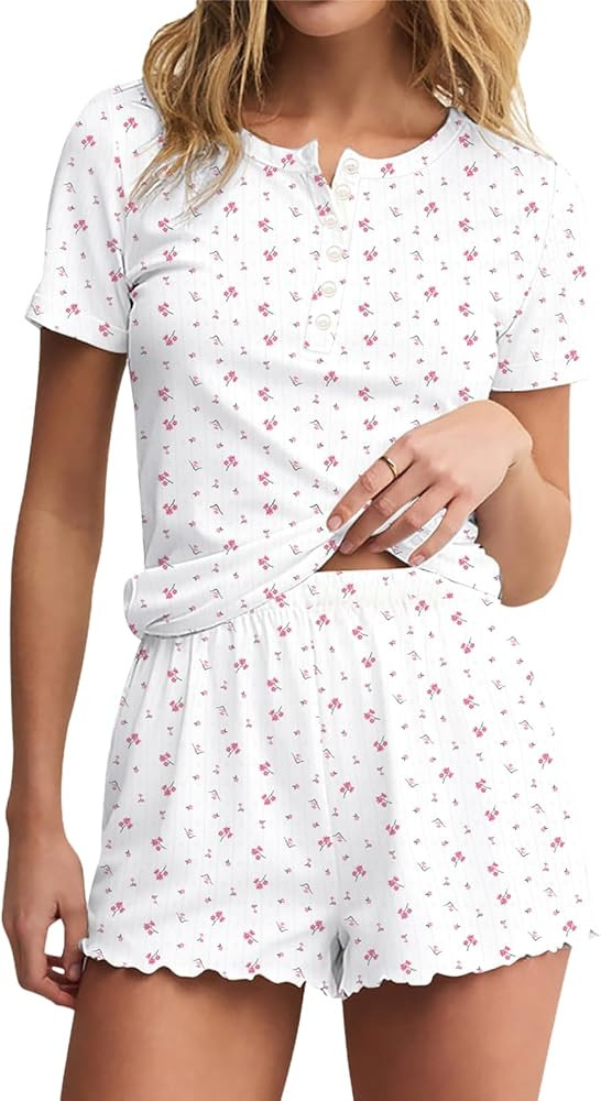 LEEDYA Women Cute Pajama Sets 2 Piece Floral Print Short Sleeve Button Shirt and Shorts Y2K Pj Se... | Amazon (US)