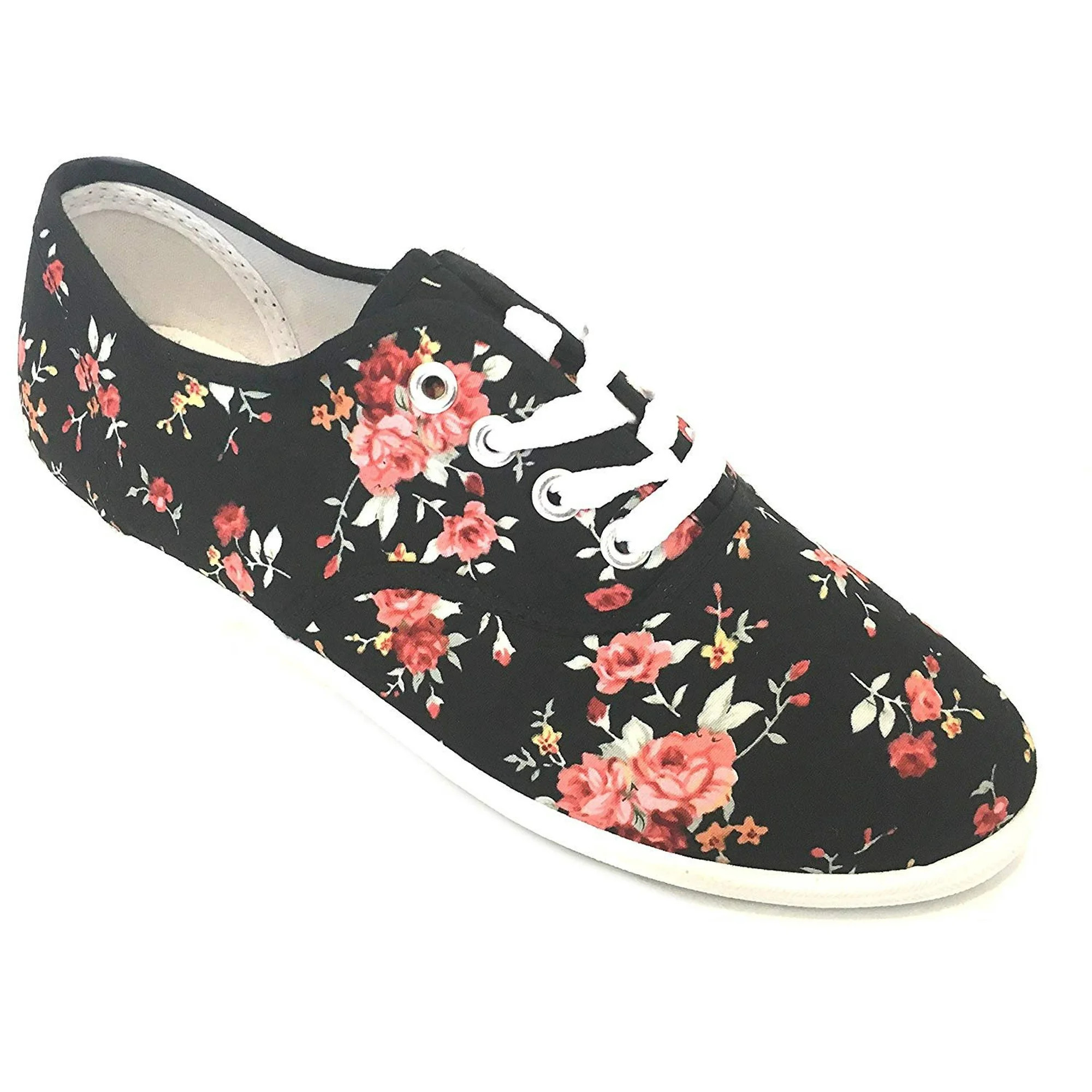 Womens Canvas Lace Up Shoes 324 Black Flower 9 | Walmart (US)