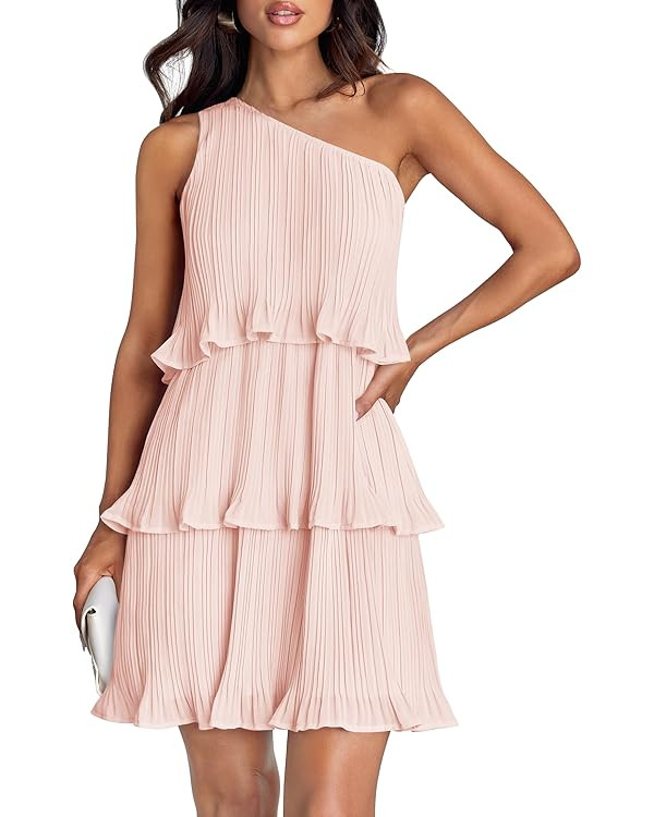 ZESICA Women's 2025 Summer Sleeveless Mini Dress Boho One Shoulder Ruffle Tiered Layered Chiffon ... | Amazon (US)