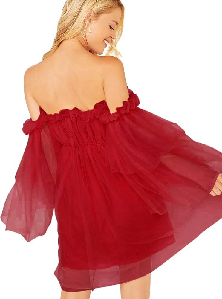 Romwe Women's Romantic Off Shoulder Flounce Long Sleeve Wedding Ruffle Mesh Party Mini Dress | Amazon (US)