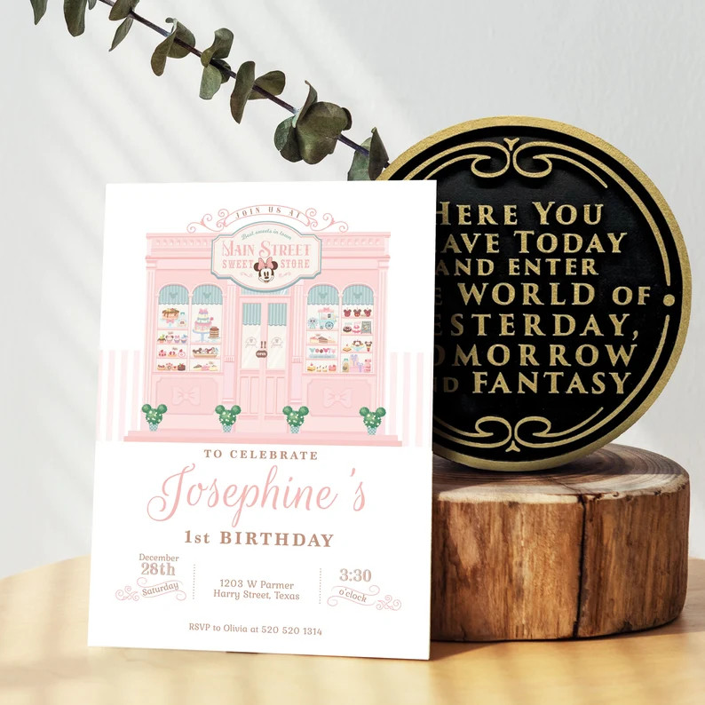 Pink Minnie Sweet Store Birthday Invitation, Disneyland Main Street Birthday Invitation, Candy Bi... | Etsy (US)