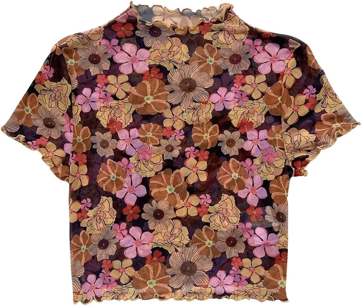 Verdusa Women's Boho Mock Neck Short Sleeve Floral Fitted Mesh T Shirt Tops | Amazon (US)
