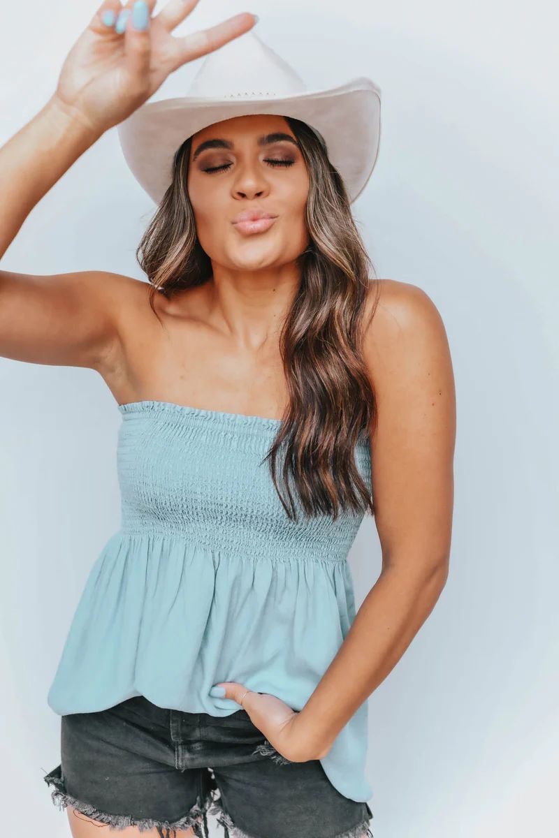 Livin' The Dream Strapless Chambray Smocked Top | Apricot Lane Boutique
