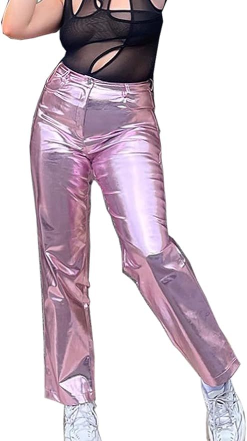 Cresay Women's Faux Leather Metallic High Waist Pants Straight Wide Leg Pants Punk Trousers | Amazon (US)